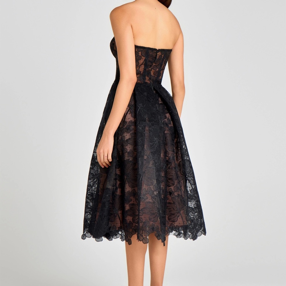 NADINE MERABI Olivia Black Lace Strapless A-Line Midi Dress with Nude Underlay - Picture 3 of 8
